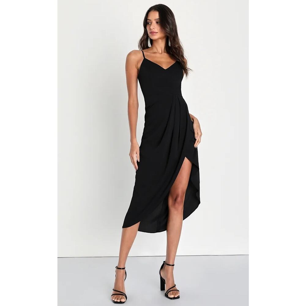 Lulu's Black Spaghetti-Strap Midi Dress with Side Drape and Slit